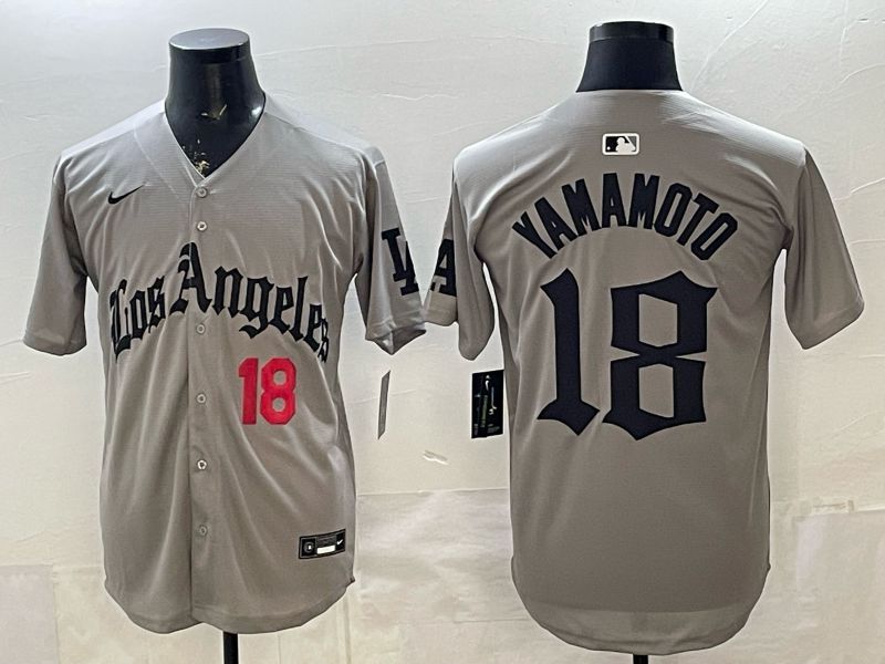 Men 2026 Los Angeles Dodgers #18 Yamamoto Grey Five generations Nike MLB Jersey style 002->los angeles dodgers->MLB Jersey